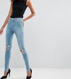 Asos Tall Ridley High Waist Skinny Jeans In Albie Lightwash Blue With Rips And Reverse Stepped Hems - Blue