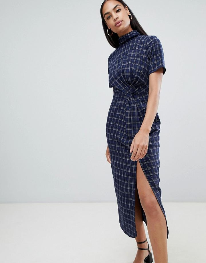 Fashion Union High Neck Midi Dress With Ruched Front Detail - Blue