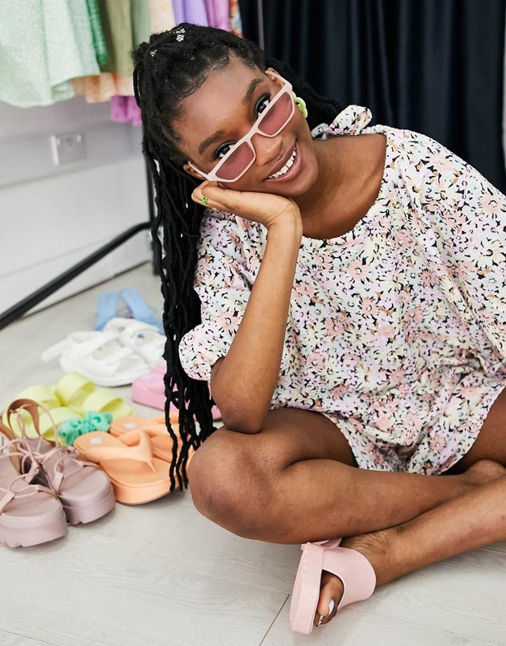 Asos Design High Neck Textured Smock Romper In Smudge Floral-multi