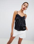 Outrageous Fortune Lace Trim Cami With Button Detail In Black - Black