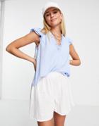 Asos Design V-neck Frill Top With Cap Sleeve In Light Blue-multi