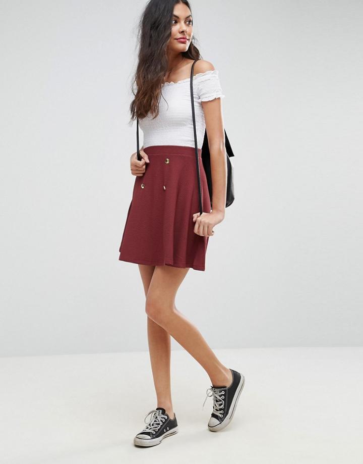 Asos Mini Skater Skirt In Rib With Blazer Button Detail - Red