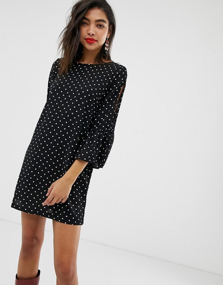 New Look Spot Tunic Dress With Tie Sleeves - Black