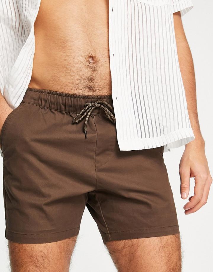 Asos Design Skinny Chino Shorts With Elasticated Waist In Dark Brown
