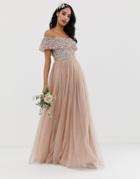 Maya Bridesmaid Bardot Maxi Tulle Dress With Tonal Delicate Sequins In Taupe Blush - Brown