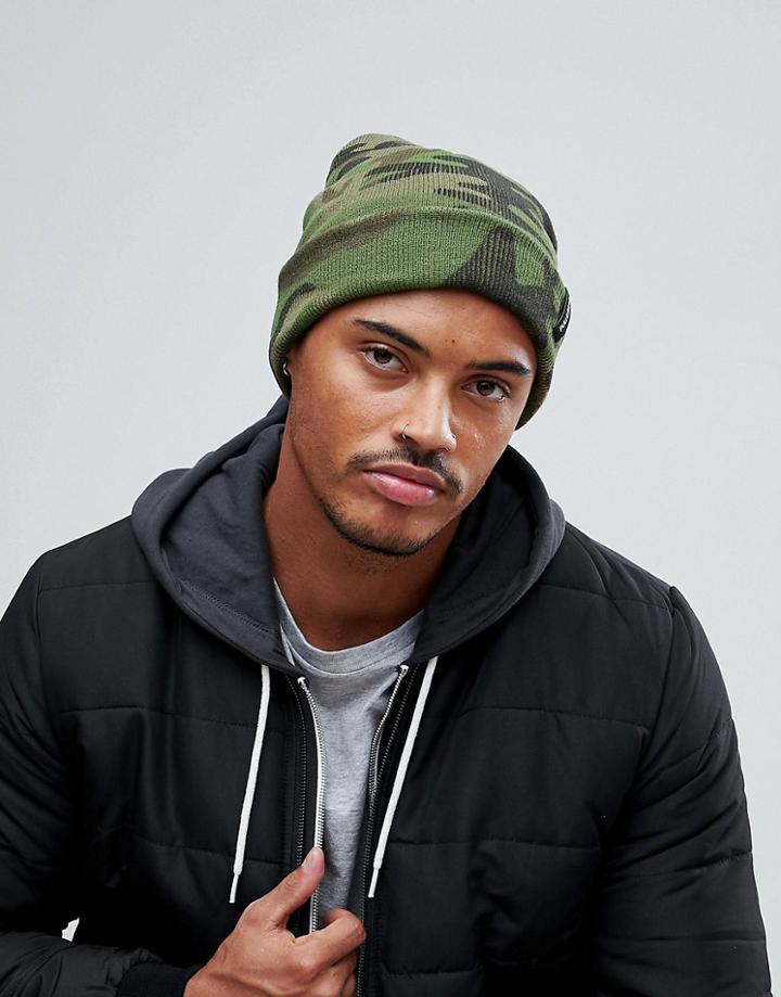Pull & Bear Camouflage Beanie In Khaki - Green