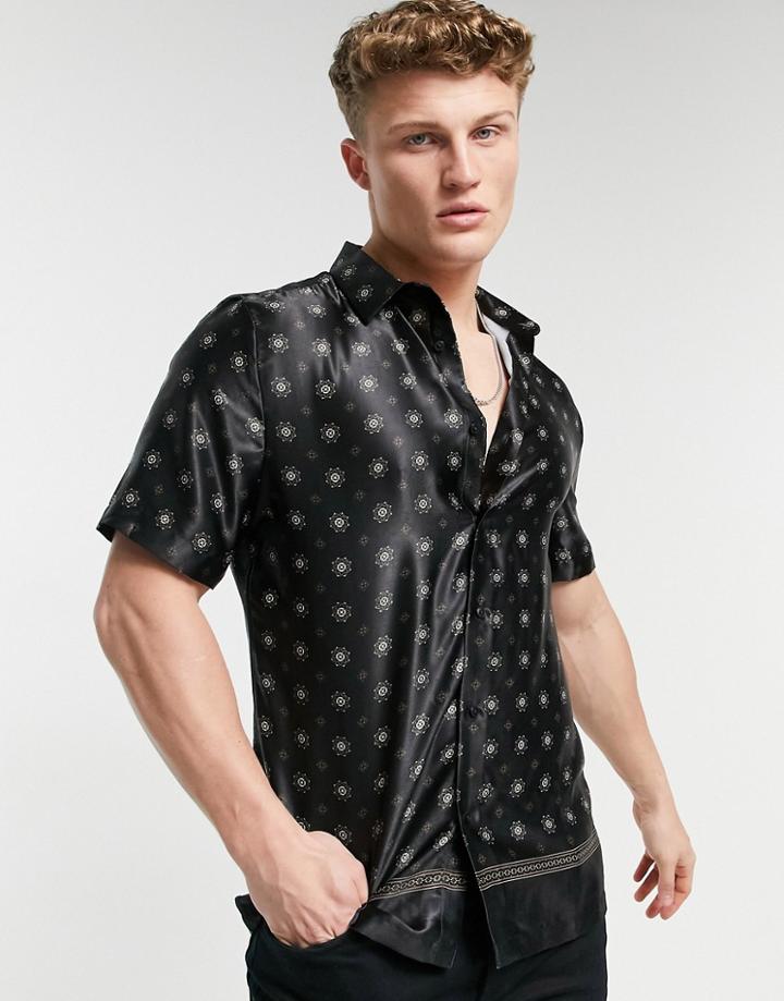 River Island Short Sleeve Printed Shirt In Black