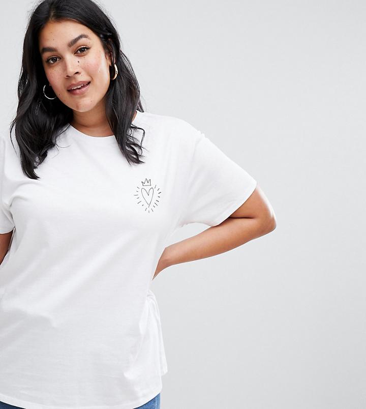 Asos Design Curve T-shirt With Crowned Heart Print-white