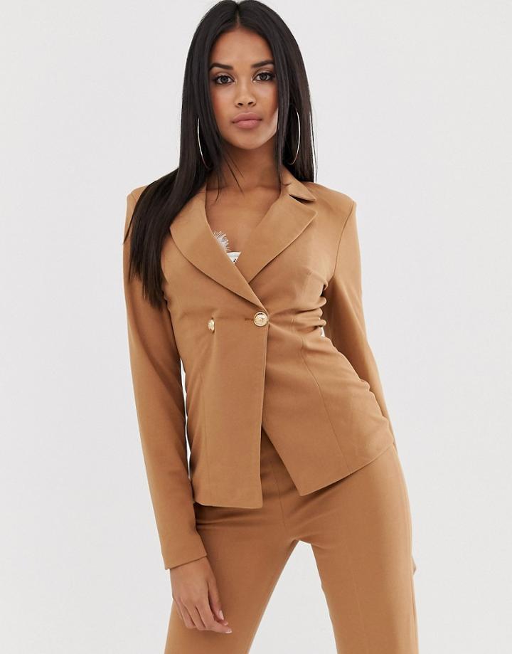 Koco & K Double Breasted Blazer With Gold Button Detail In Coffee-beige