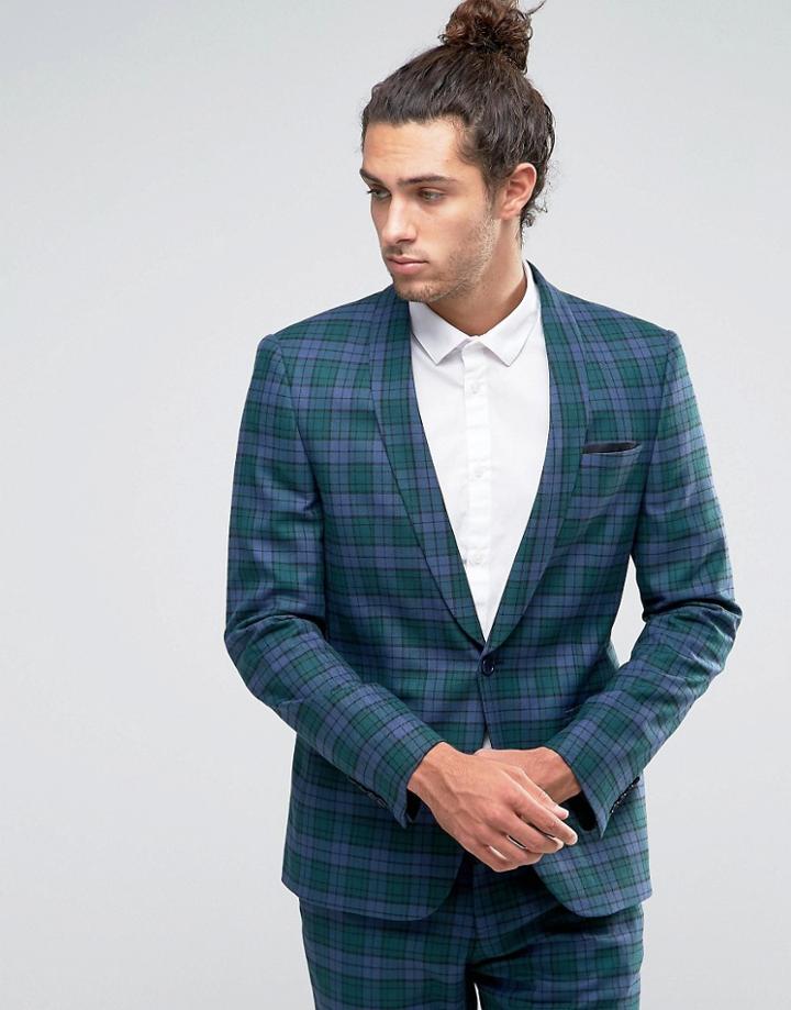 Asos Skinny Suit Jacket In Plaid Check - Blue