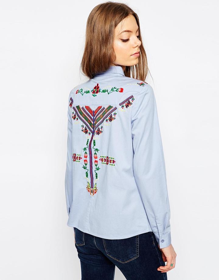 Asos Casual Shirt With Embroidered Pockets - Blue