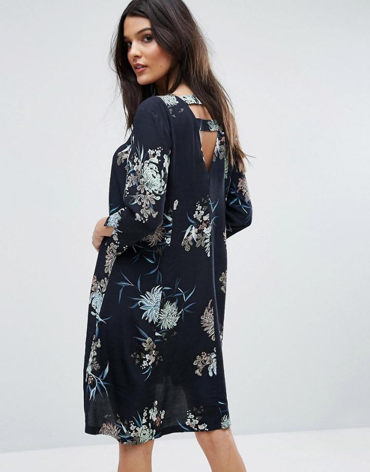 Y.a.s Floral Print Open Back Dress - Black