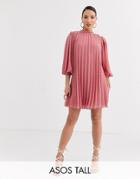 Asos Design Tall Pleated Trapeze Mini Dress With Puff Sleeves In Dobby-pink