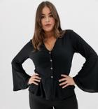 Missguided Plus Button Through Wide Sleeve Peplum Blouse In Black - Black