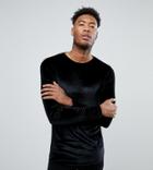 Asos Tall Longline Muscle Long Sleeve T-shirt With Curve Hem In Black Velour - Black