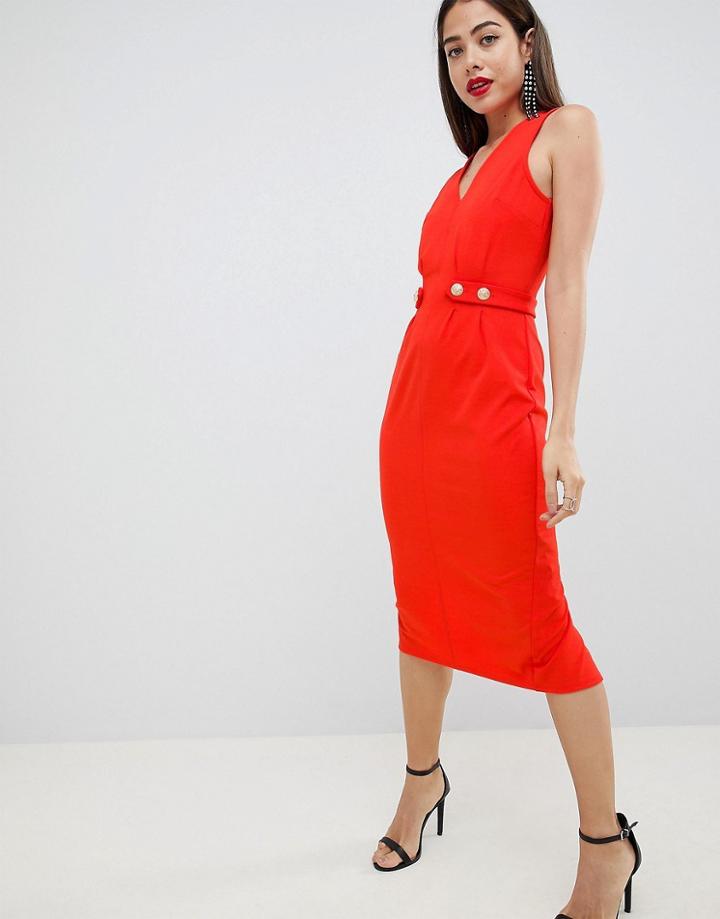 Asos Design V Neck A-line Mini Dress With Button Detail - Red