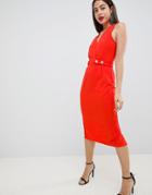 Asos Design V Neck A-line Mini Dress With Button Detail - Red