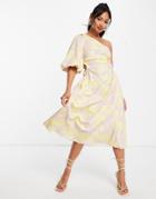 Asos Design One Shoulder Puff Sleeve Side Cut Out Channelled Midi Skater Dress In Floral Print-multi