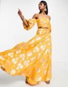 Asos Design Floral Jacquard Maxi Lehenga Skirt In Apricot - Part Of A Set-orange