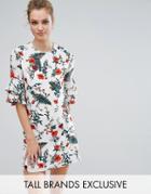 Fashion Union Tall Floral Printed Fluted Sleeve Dress - Multi