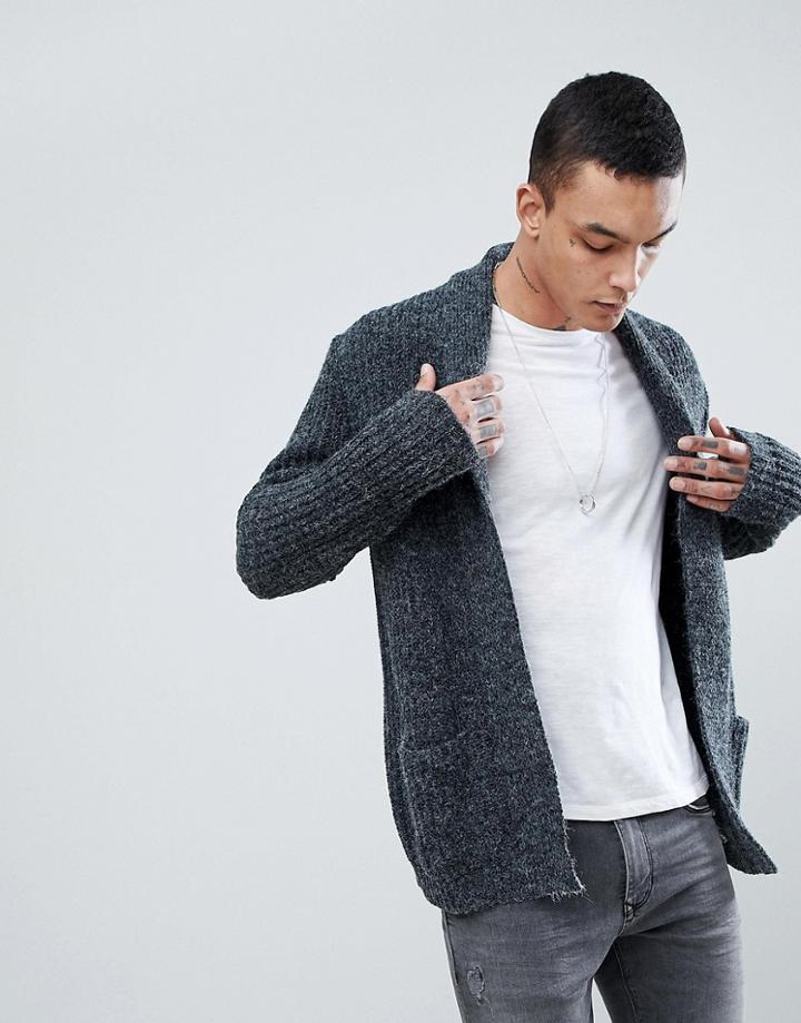 Asos Shawl Cardigan In Fluffy Yarn - Gray