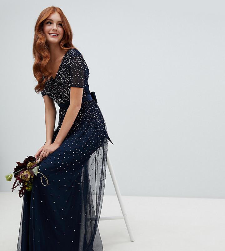 Maya V Neck Maxi Tulle Dress With Contrast Tonal Delicate Sequins In Navy