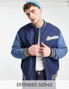 Asos Design Oversized Heavyweight Varsity Denim Jacket With Quilted Sleeves-blue