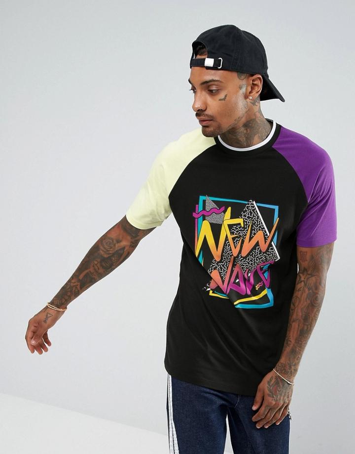 Asos Longline Raglan T-shirt With Retro New Wave Print - Black