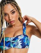 Brave Soul Tie Front Bikini Top In Retro Floral-blues