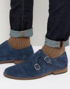 Dune Brigadier Monk Shoes In Navy Suede - Blue