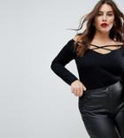 Asos Curve Off Shoulder Top With Caging Detail And Long Sleeves - Black