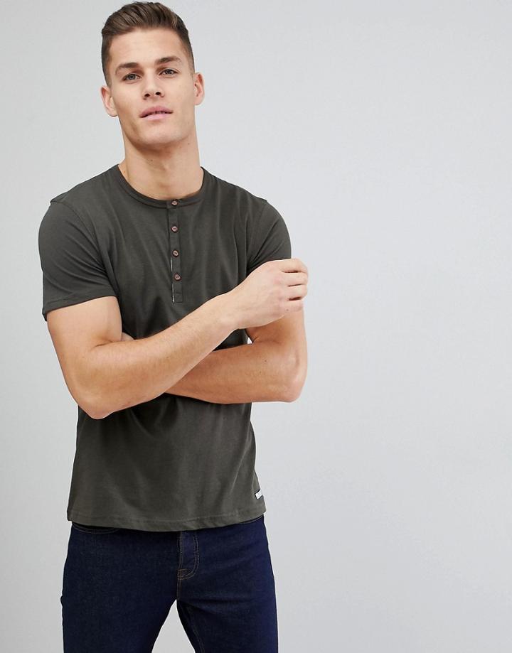 Brave Soul Contrast Placket Grandad Neck T-shirt - Green