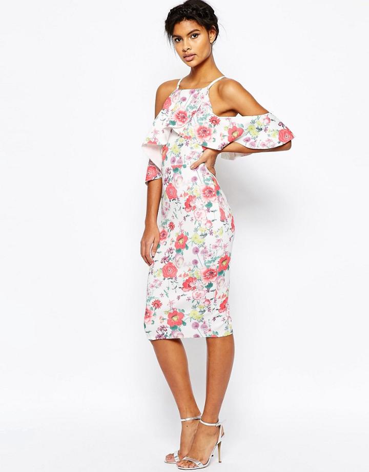 Asos High Neck Cold Shoulder Floral Scuba Dress - Multi