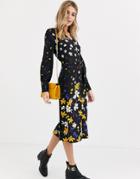 Influence Button Down Belted Midi Dress In Mixed Floral Print