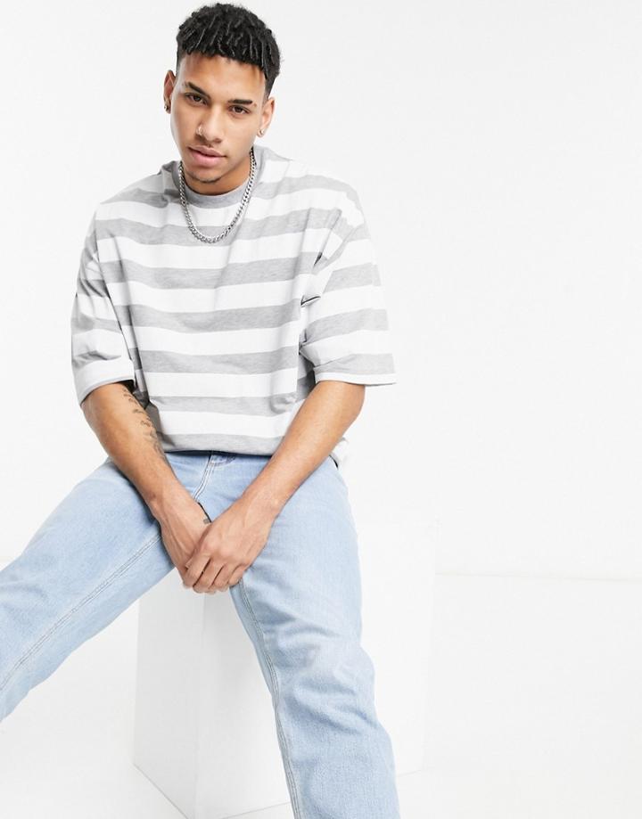 Asos Design Oversized Striped T-shirt In Gray Heather & White-grey