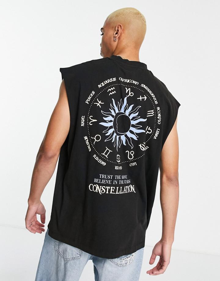 Asos Design Oversized Tank Top In Washed Black With Zodiac Back Print