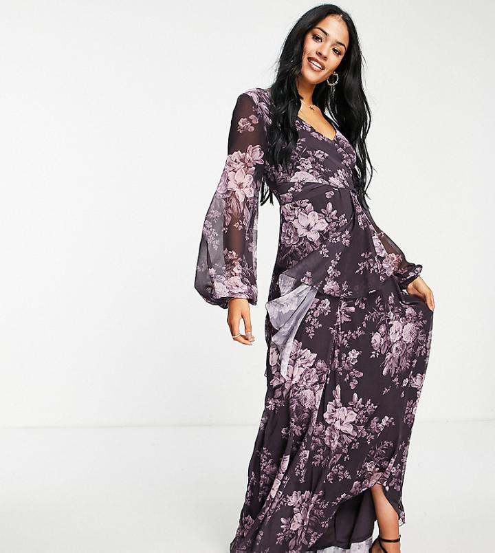 Asos Design Tall Wrap Waist Midi Dress With Double Layer Skirt In Vintage Floral-multi