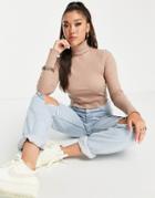 Asos Design Roll Neck Crop Top In Rib In Sand-neutral