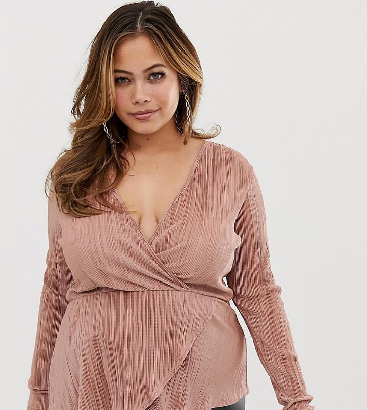 Asos Design Curve Long Sleeve Wrap Top In Plisse With Asymmetric Hem - Pink