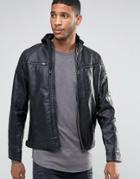 Brave Soul Faux Leather Hooded Biker Jacket With Ribbed Shoulders - Black