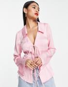 Asos Design Slim Fit Satin Shirt With Tie Front & Cuff In Light Pink