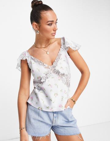 Asos Design Flippy Top With Lace Fluted Sleeve And Seam Detail In Ditsy Print-multi