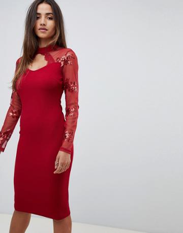 Scarlet Rocks Scuba Midi Dress With Sequin Sleeve Detail In Red - Red