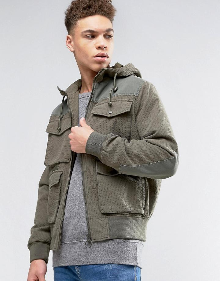 Asos Bomber Jacket In Ripstop With 4 Pockets Hood In Khaki - Green