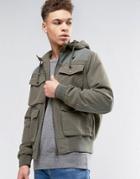 Asos Bomber Jacket In Ripstop With 4 Pockets Hood In Khaki - Green
