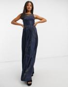 Little Mistress Wrap Detail Maxi Dress With Embellished Yoke In Navy