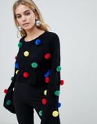 Prettylittlething Holidays Sweater With Pom Poms In Black - Black