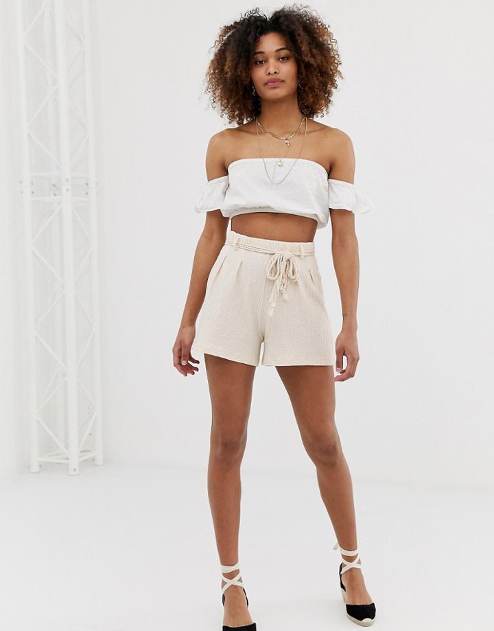 Asos Design Textured Short With Rope Belt - Cream