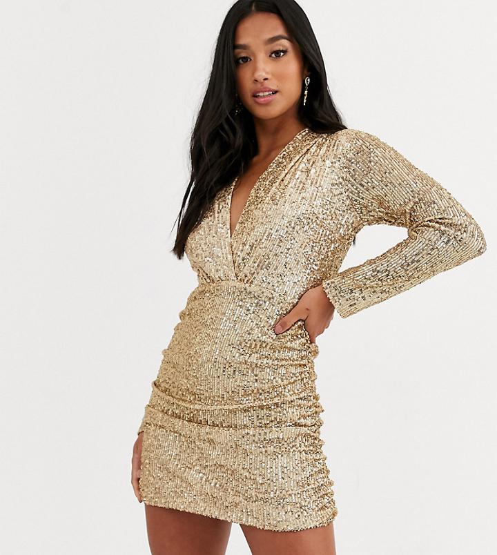 John Zack Petite Sequin Plunge Front Ruched Mini Dress In Gold