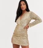 John Zack Petite Sequin Plunge Front Ruched Mini Dress In Gold